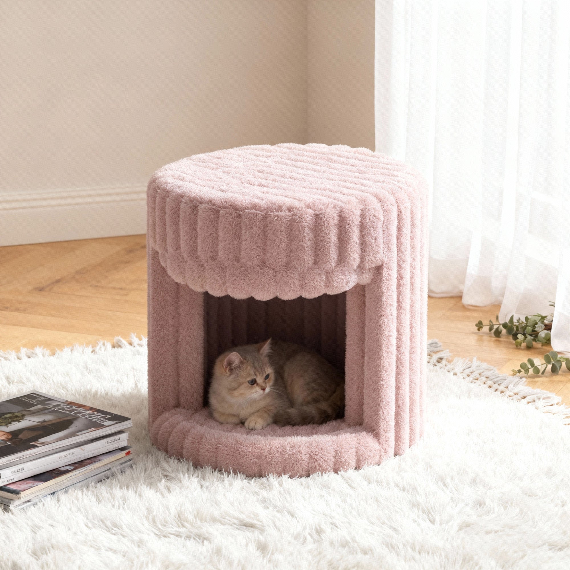 In the VANITII Pink Rabbit Hair Cat Bed, there is a little cat lying inside.It is placed in the bedroom,being both beautiful and practical.