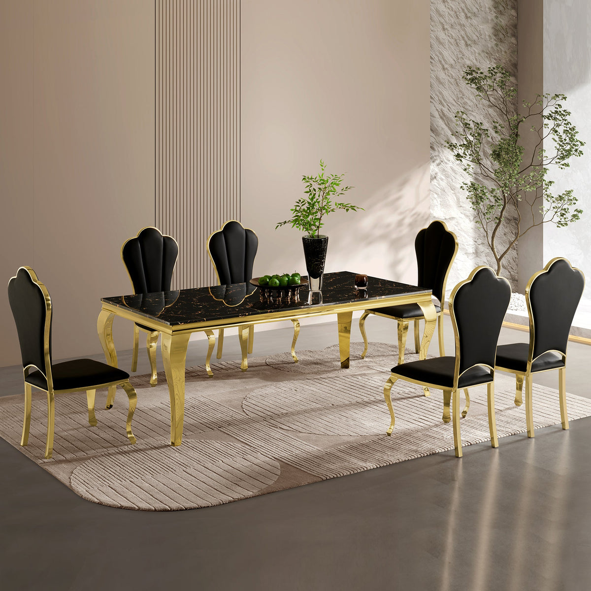 Gold Stainless Steel Marble Dining Table, Luxury Curved Leg Dining Room Table, 6 Seater Kitchen Dinner Table