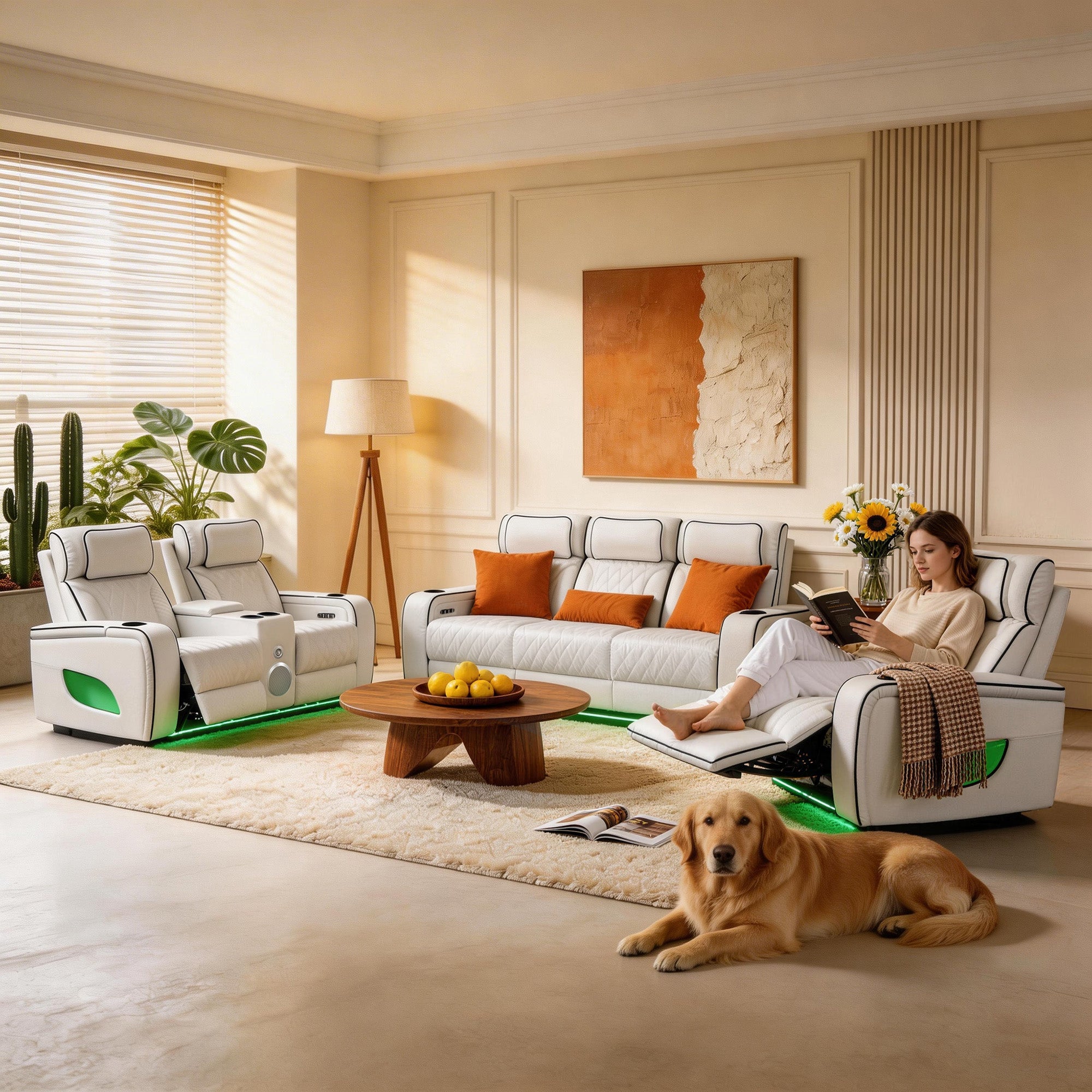 Woman reading a book on a power recliner sofa set in a stylish living room with a dog and decorative items.