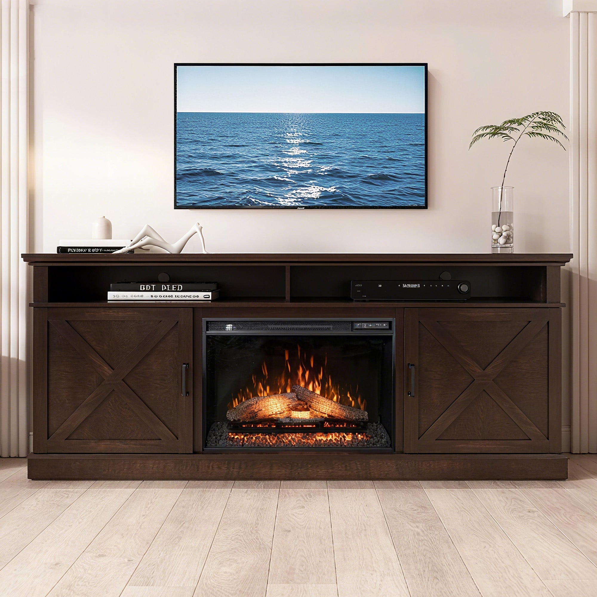 72" Brown Oak Melamine Veneer Fireplace TV stand with Bluetooth