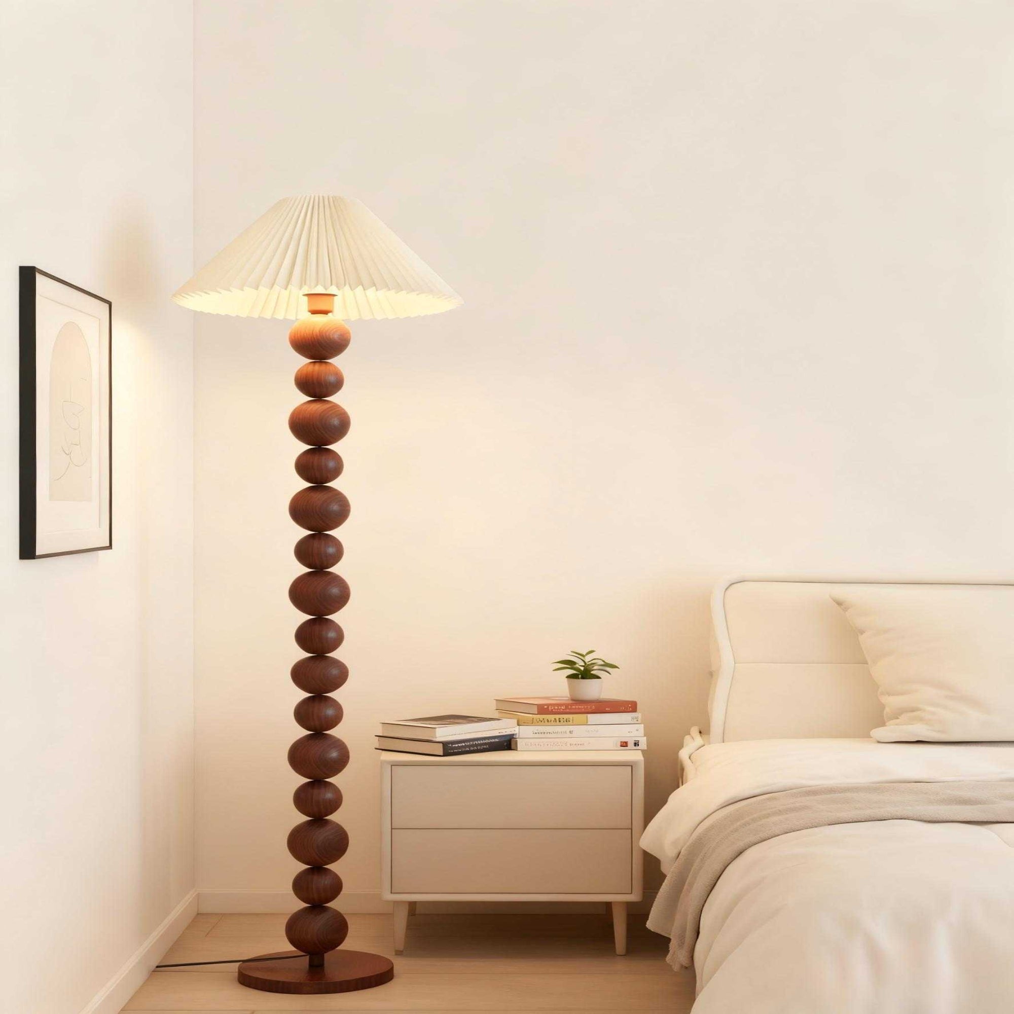 Walnut Floor Lamp with Ball Beads & Pleated Shade - Warm Light for Rustic Décor