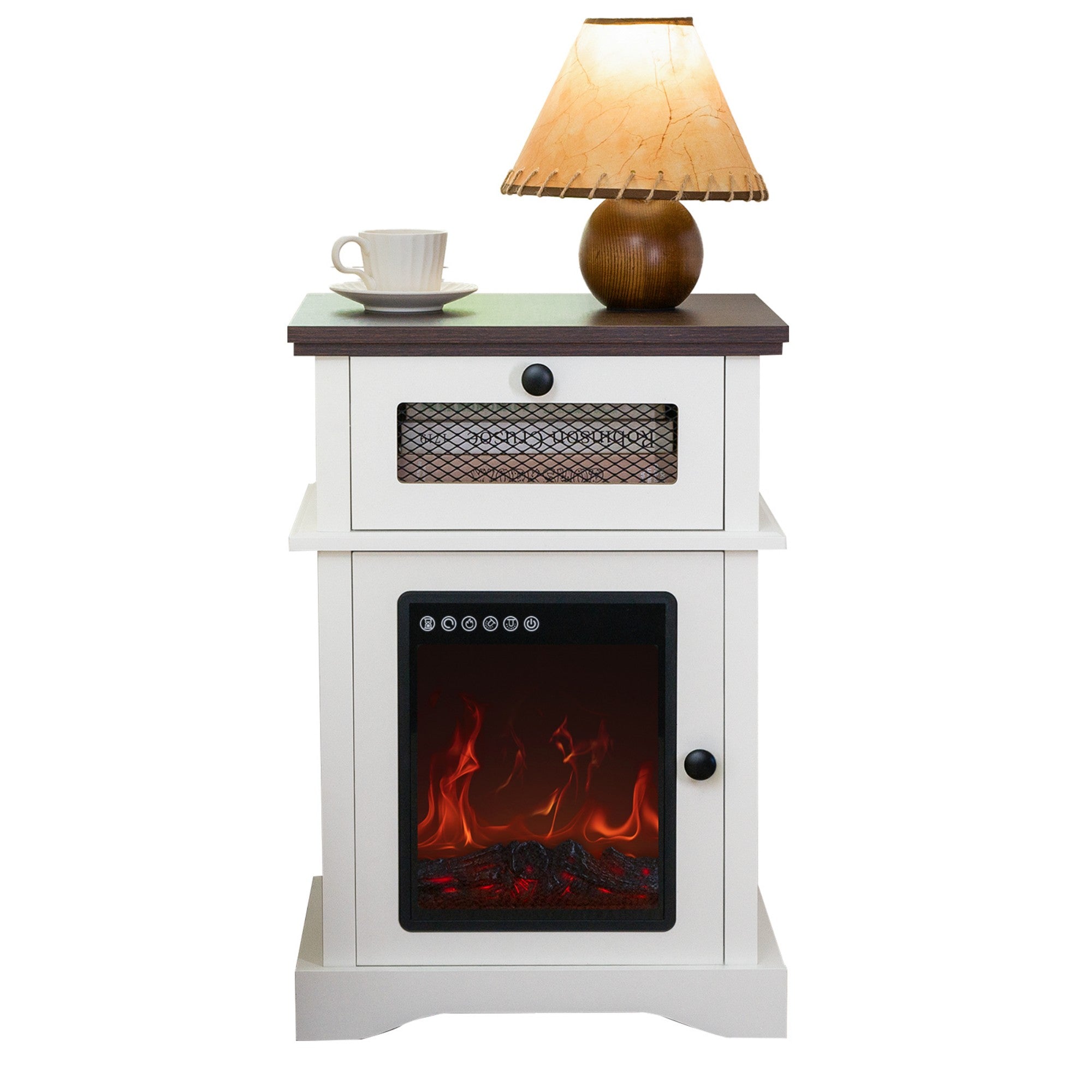 LED Fireplace Nightstand with Drawer,Adjustable Light Bedside Table for Bedroom, Living Room