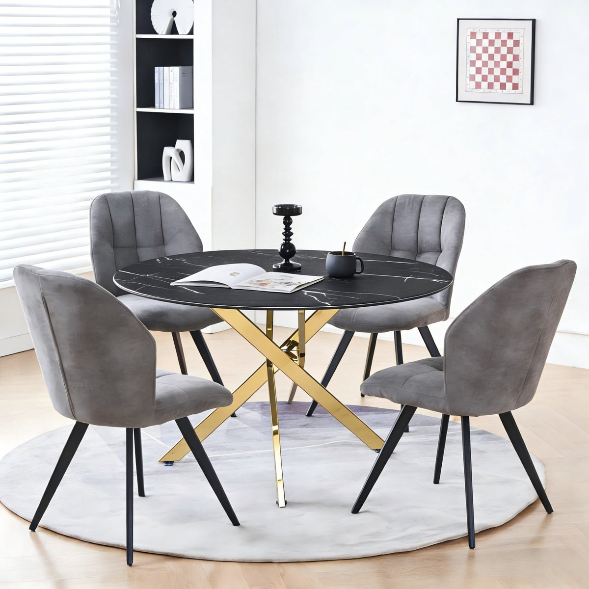 Round Dining Table Glass with Marble look Finish