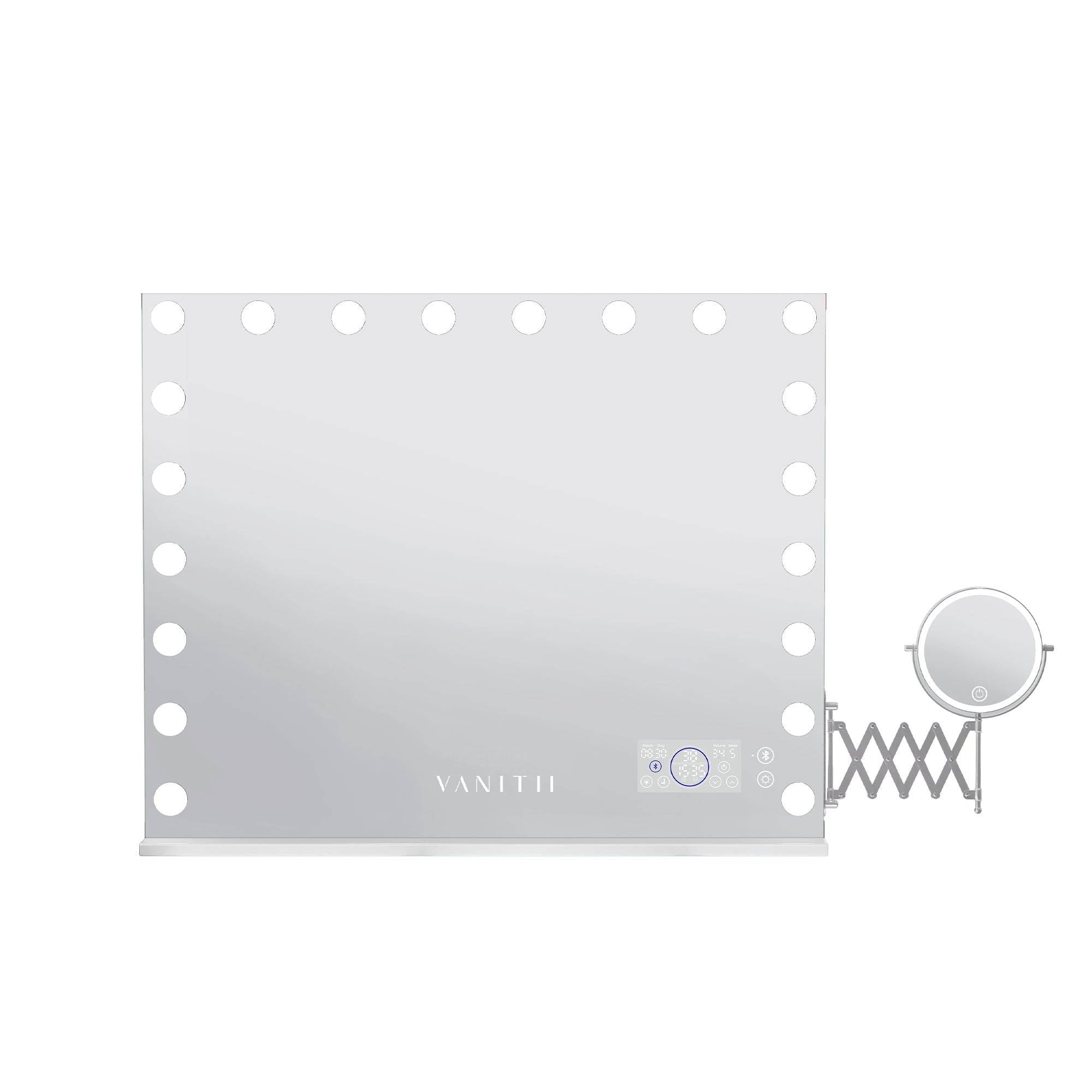 VANITII Hollywood 20 Bulbs Light Mirror features touch sensor control,10X extendable LED magnifier,built-in Bluetooth speaker and RGB lighting.