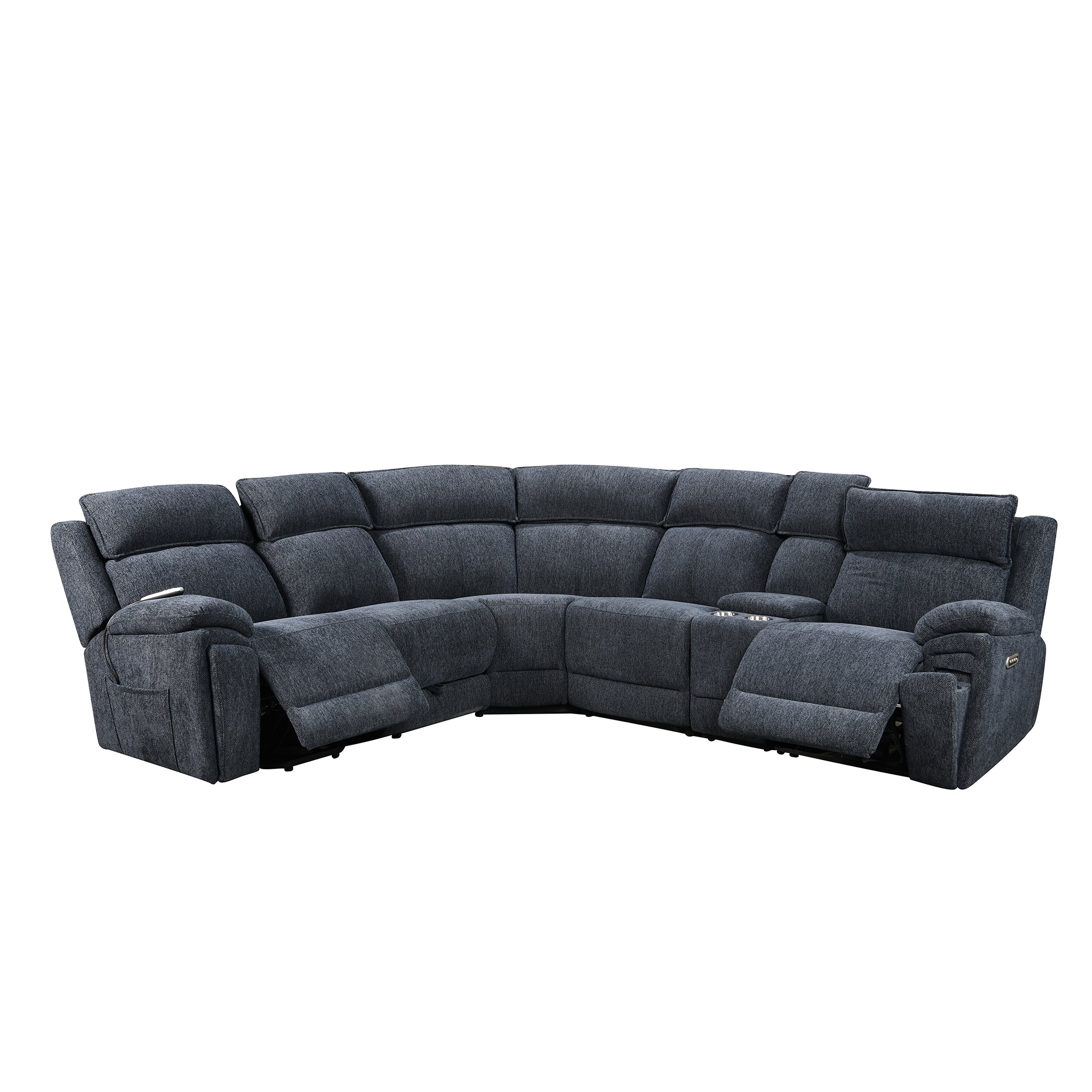 side view of blue power recliner sectional sofa for retail furniture showroom