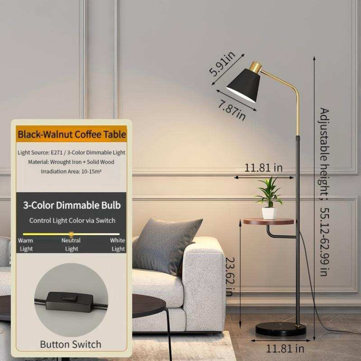 Dimmable Floor Lamp with Side Table｜Black Walnut 3-Level Dimming