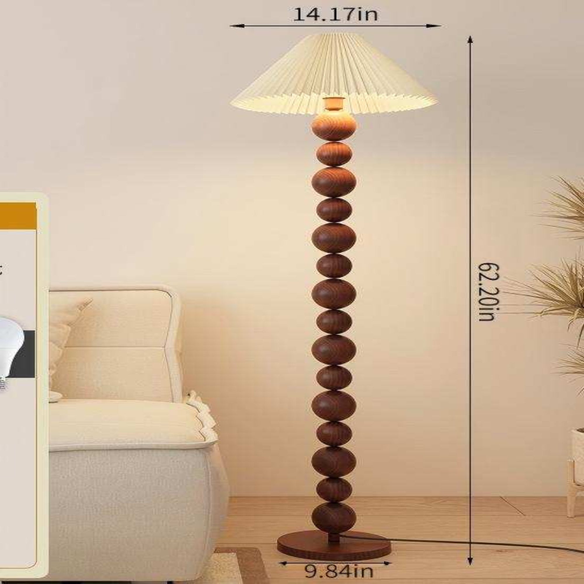 Walnut Floor Lamp with Ball Beads & Pleated Shade - Warm Light for Rustic Décor