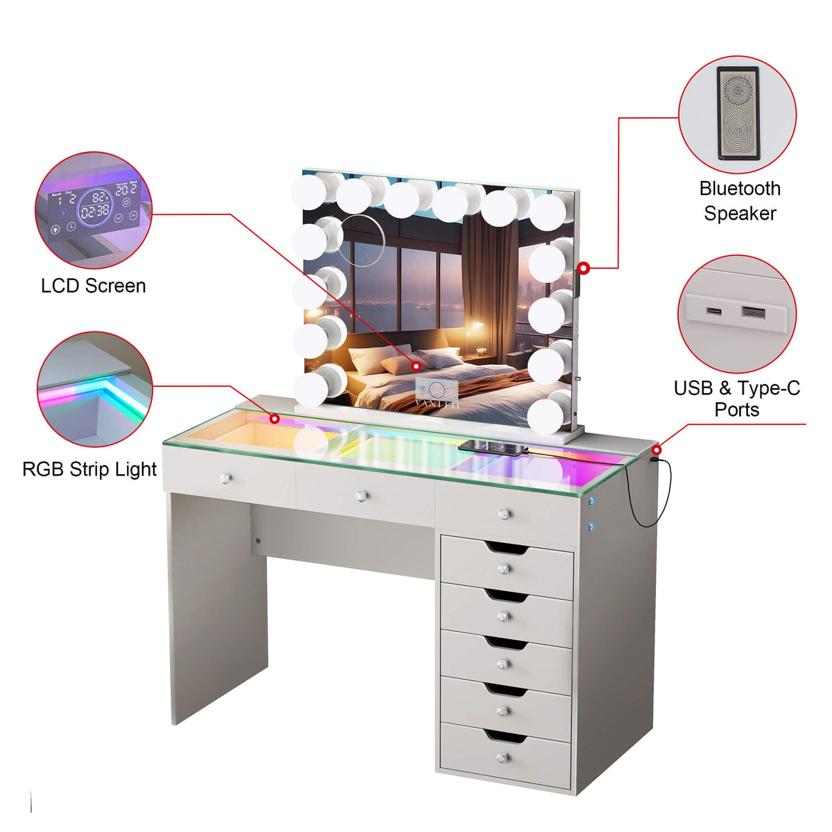 VANITII Diana Vanity Desk Set- 8 Storage Drawers with Vanity Mirror