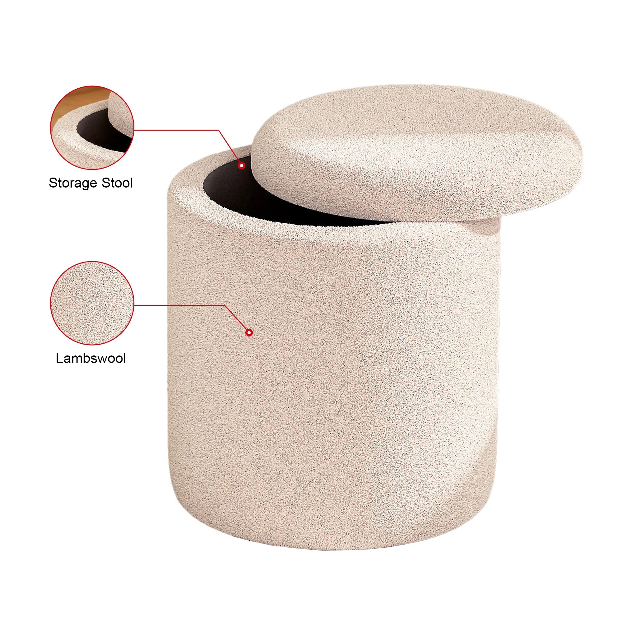 VANITII White Lambswool Storage Stool