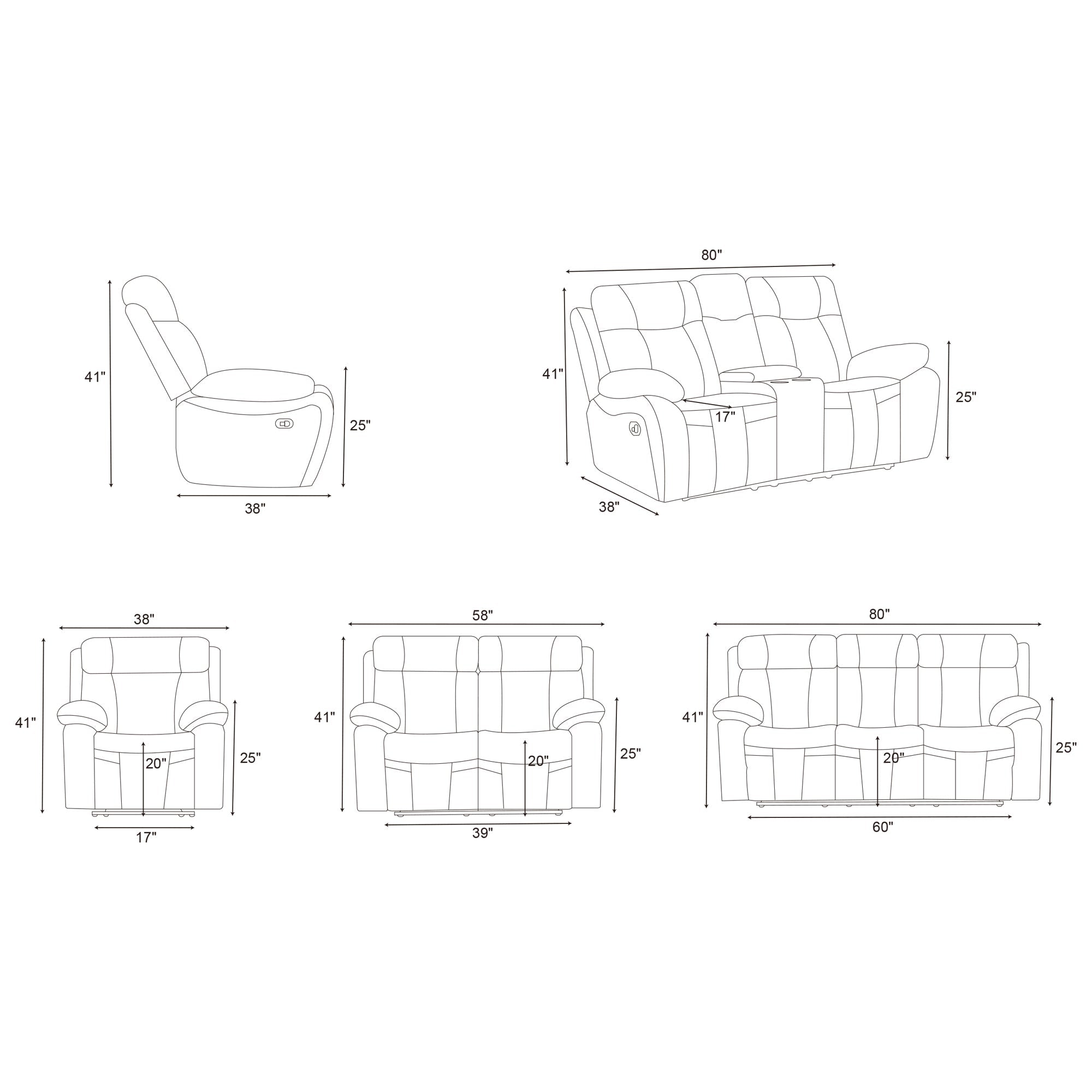 Manual Recliner Sofa & Loveseat & Chair MR2537W Brown
