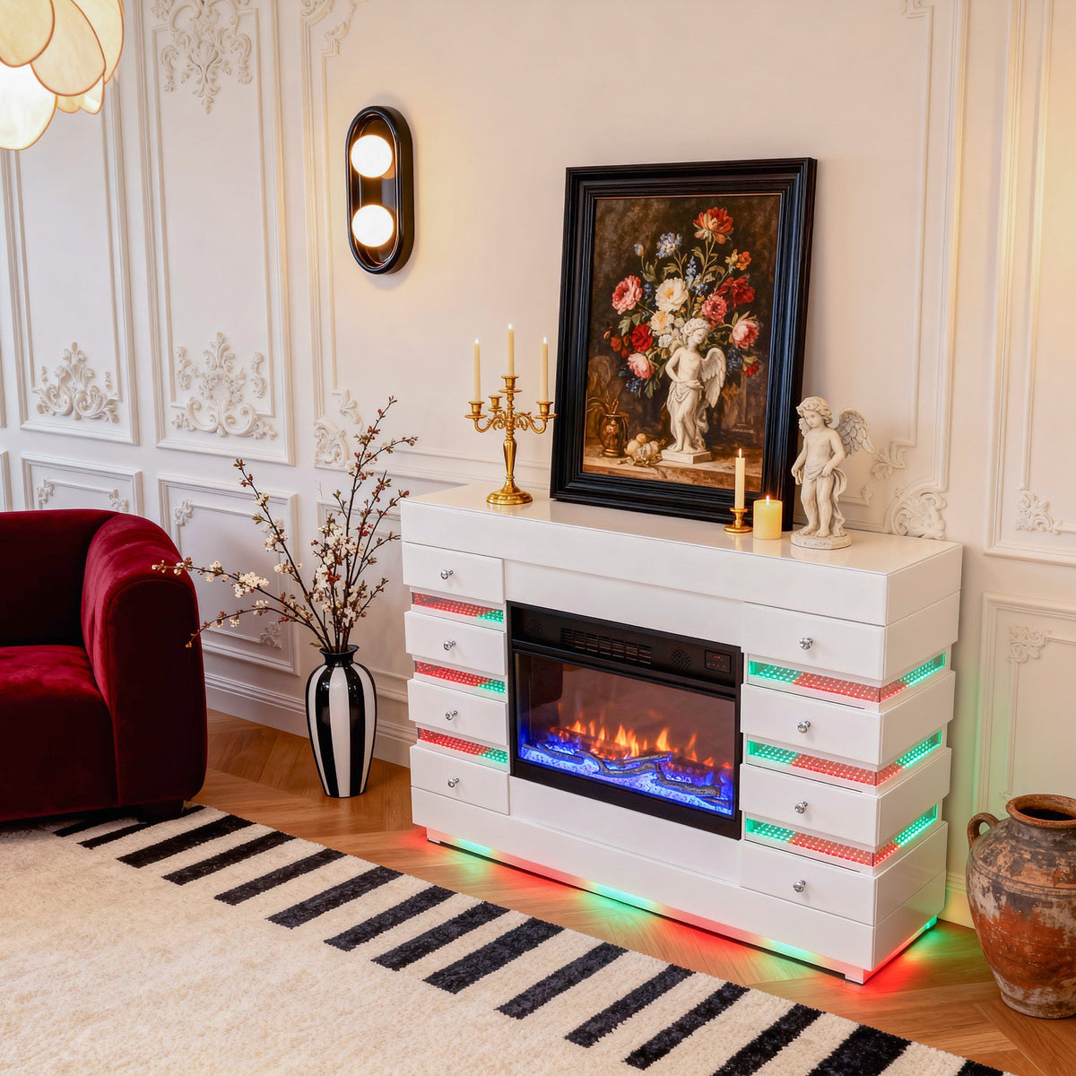 Fully Assembled 55" Mirrored Fireplace with RGB Ambiance and Wireless charging