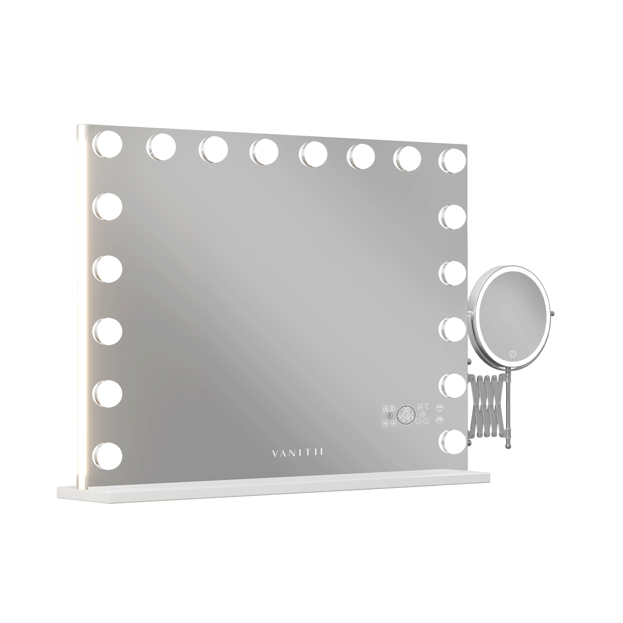 VANITII Hollywood 18 Bulbs Light Mirror features touch sensor control,10X extendable LED magnifier,built-in Bluetooth speaker and RGB lighting.