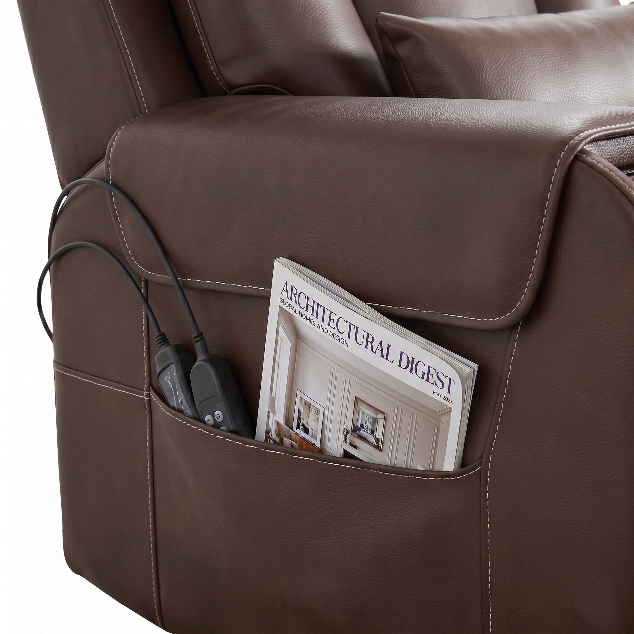 The wired controller can be stored in the side storage pockets, which are easily accessible and large enough for your tablets or magazines.