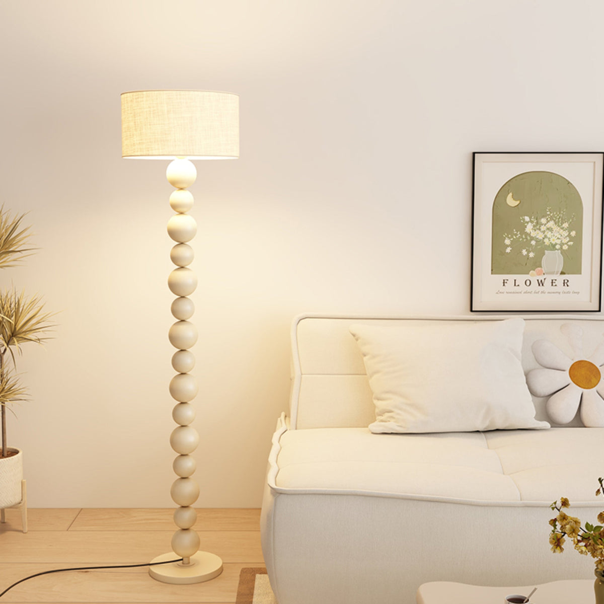 Beige Spherical Chandelier: Iron Frame, Linen Shade, Warm Light for Cream-style Rooms