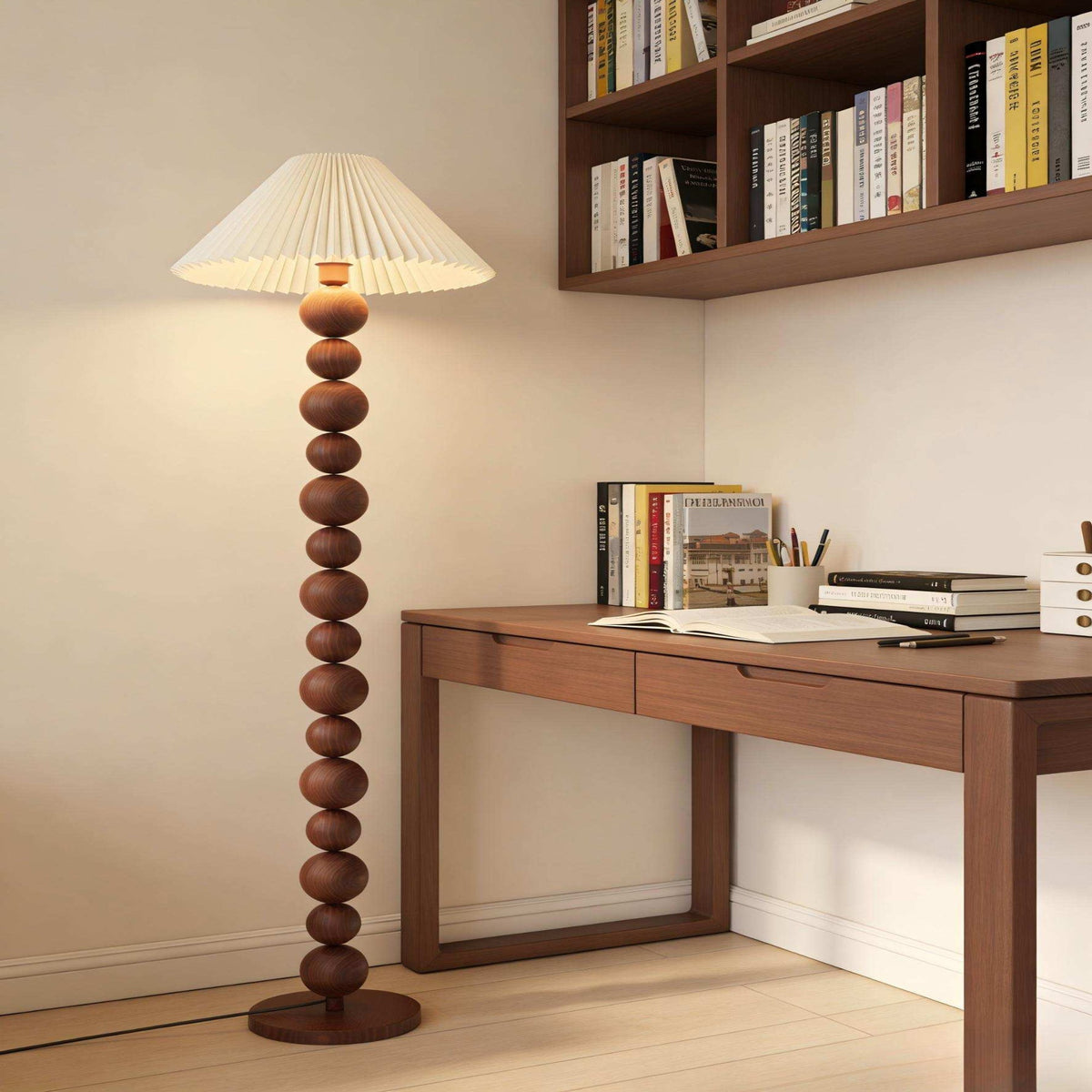 Walnut Floor Lamp with Ball Beads & Pleated Shade - Warm Light for Rustic Décor