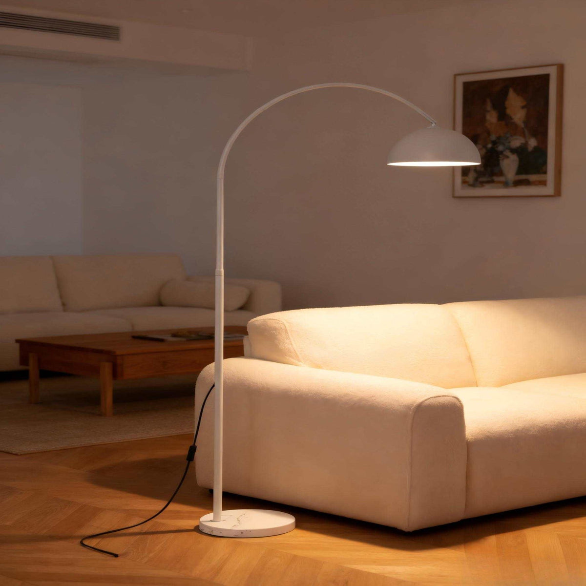 White Arc Floor Lamp: Soft-globe Nordic style for living rooms and bedrooms