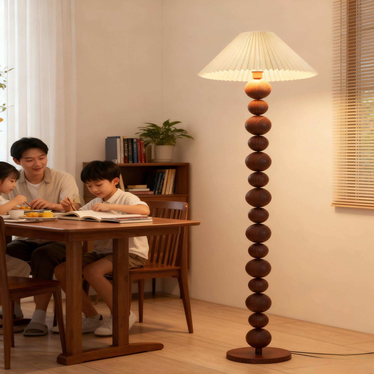 Walnut Floor Lamp with Ball Beads & Pleated Shade - Warm Light for Rustic Décor