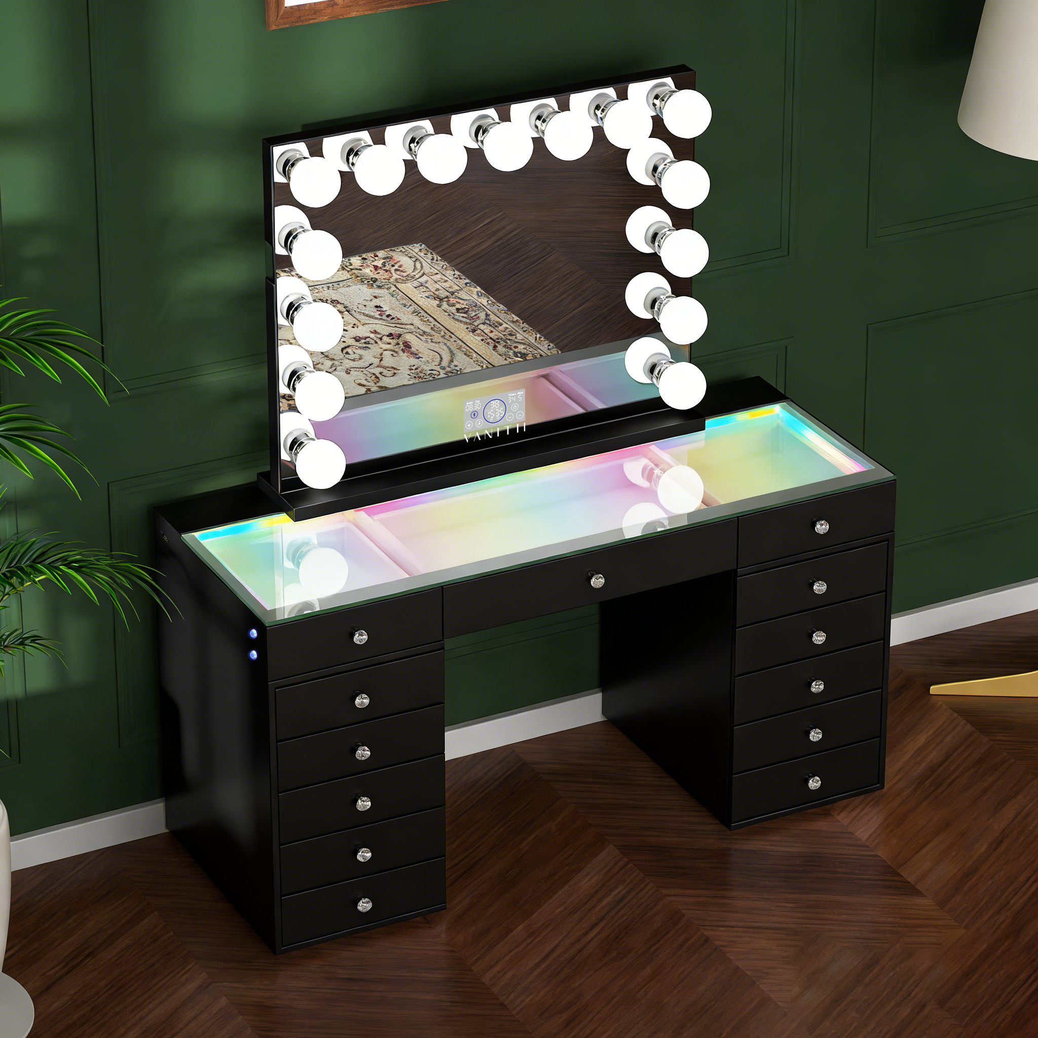 Promotion Deal! VANITII Eva-RGB Vanity Desk Set with 13 Storage Drawers and 15 Bulbs Light Mirror（EVA(IVY-TOP)-RGB+10080BT-WHT-A）