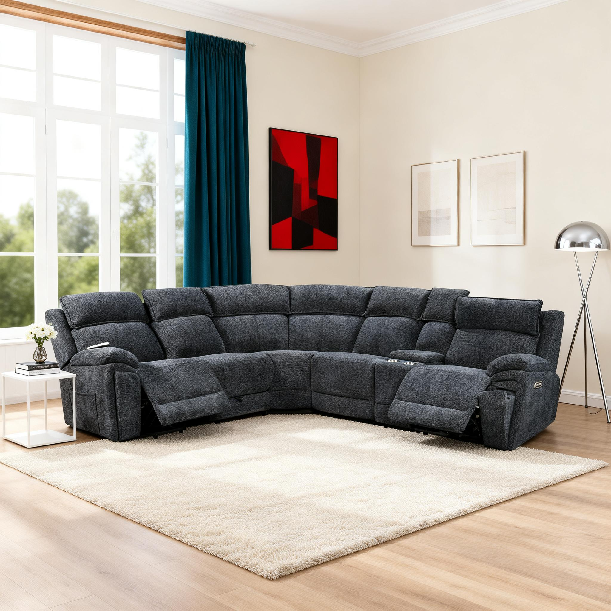 blue power recliner sectional fabric sofa set for furniture store showroom display