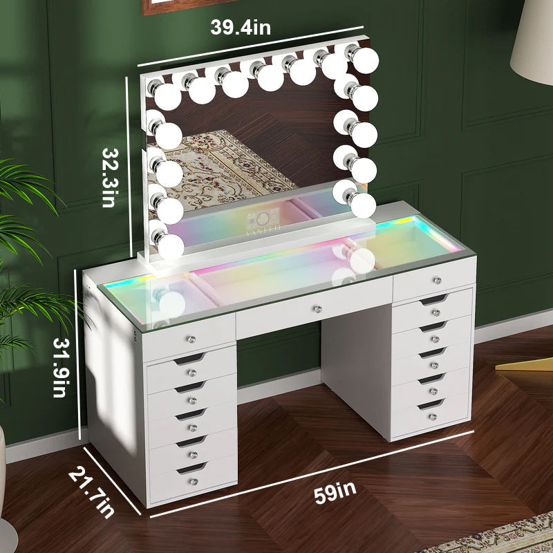 Promotion Deal! VANITII Eva-RGB Vanity Desk Set with 13 Storage Drawers and 15 Bulbs Light Mirror（EVA(IVY-TOP)-RGB+10080BT-WHT）